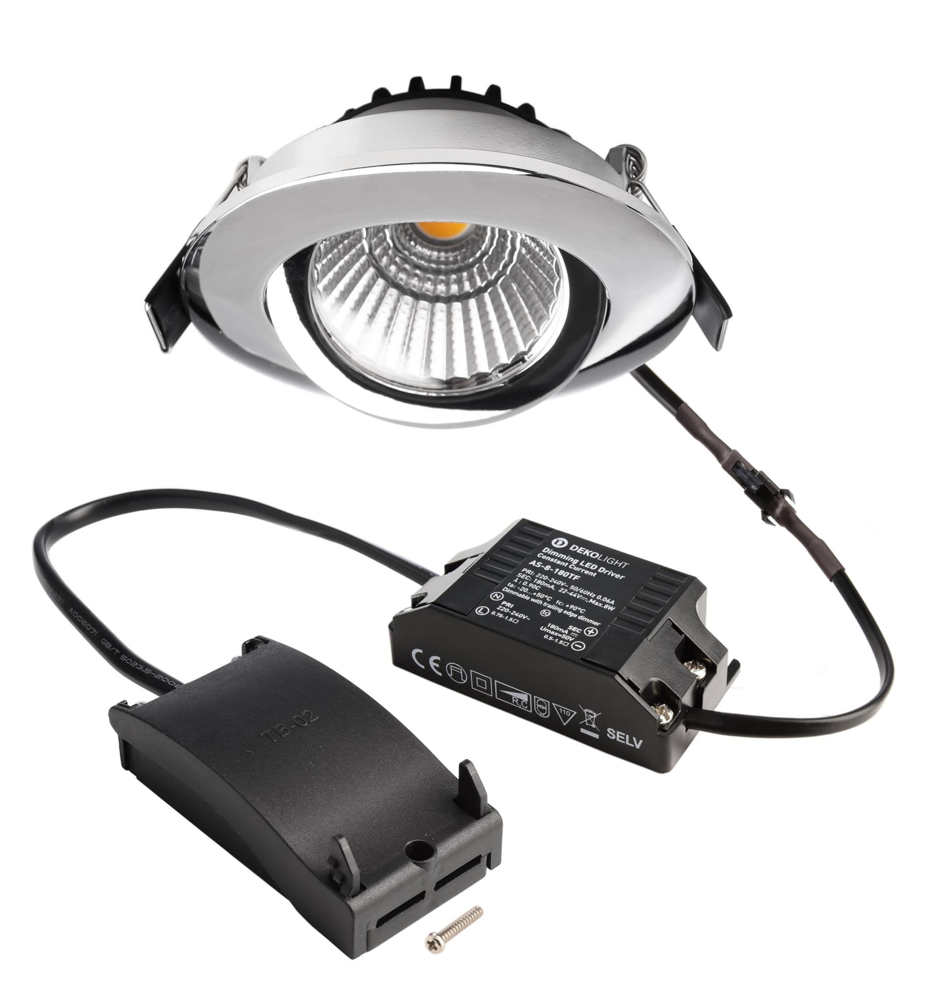 Einbaustrahler, Dione, 8,5 W, DIM, 2700 K, Chrom, 220-240 V/AC, 50 / 60 Hz, IP 2